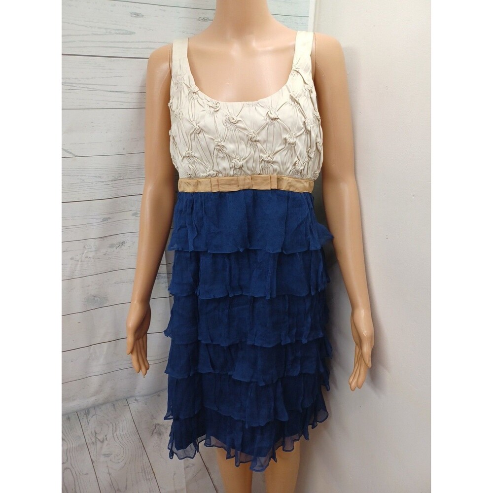 MM Couture By Miss Me Blue Cream Dress Layered Tiered Sleeveless Sz L 100% Silk